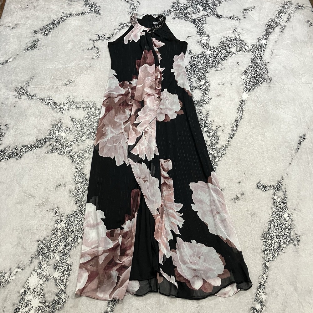 SLNY Floral Chiffon Halter Dress Womens Size 6 Black Pink Formal Midi